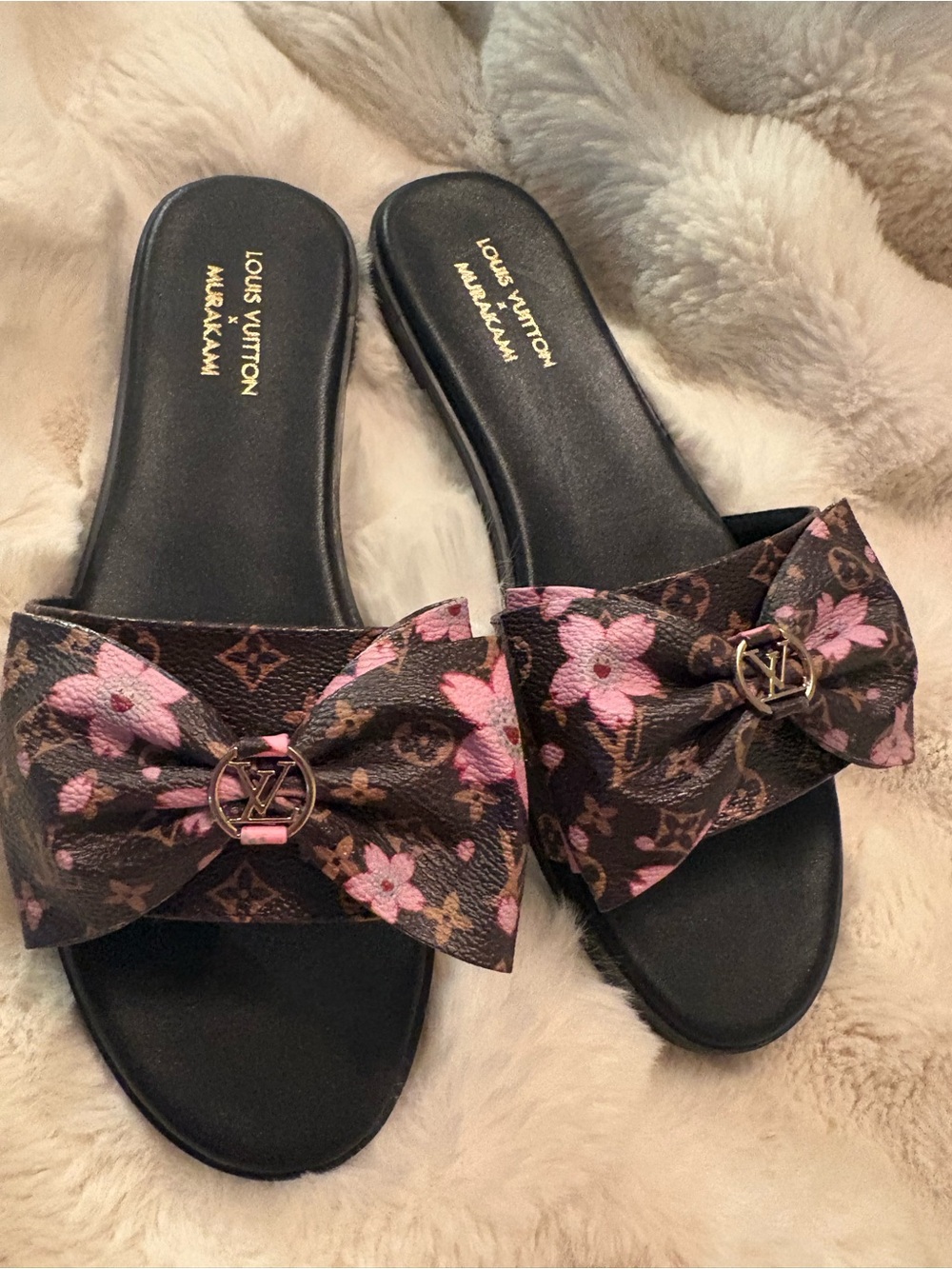 Designer style  Brown Monogram Slide Sandals with Pink Floral Bows